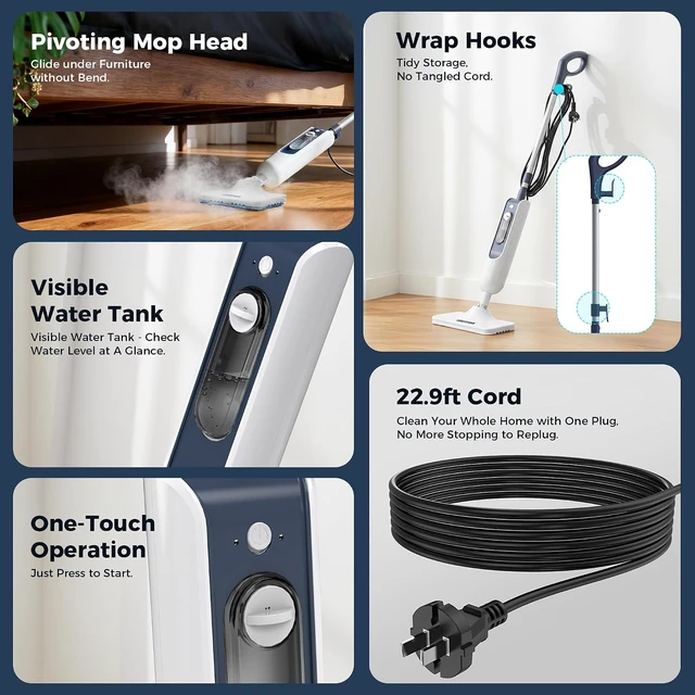 Alt view image 4 of 7 - 11in1 DualMode Steam Mop, Rotated Head, 13.5 Fl Oz Tank Up to 20 Mins Steam Cleaner for Home, 20S Fast Heat, Long Cord, Multifunctional Floor Steamer for Hardwood, Tile, Carpet, Walls (Rice White)