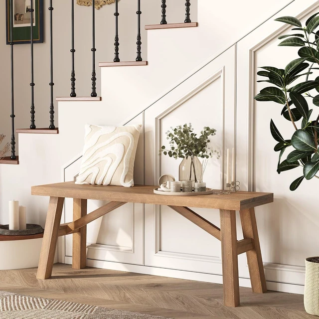 Main image of Sawmill Long Solid Wood Bench,43" Farmhouse Entryway Bench,Natural