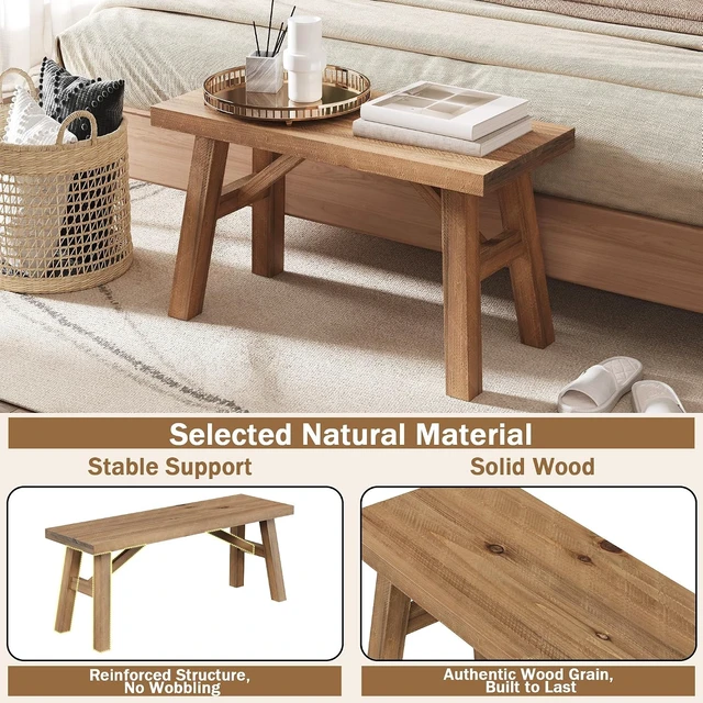 Alt view image 4 of 6 - Sawmill Long Solid Wood Bench,43" Farmhouse Entryway Bench,Natural