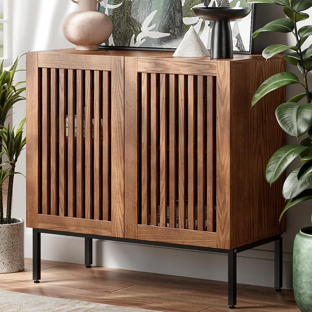 Main image of Storage Cabinet, Modern Coffee Bar with Adjustable Shelf and Metal Base, 32 Inch Wood Multifunctional Console Table for Kitchen, Living Room, Entryway, Brown