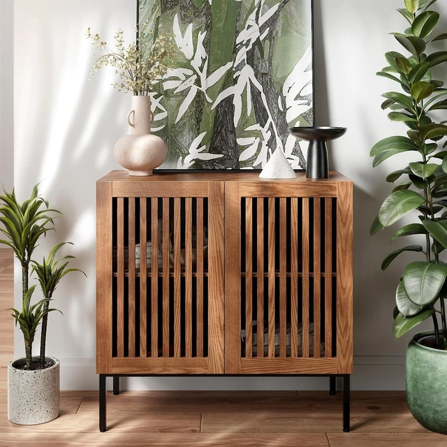 Alt view image 3 of 7 - Storage Cabinet, Modern Coffee Bar with Adjustable Shelf and Metal Base, 32 Inch Wood Multifunctional Console Table for Kitchen, Living Room, Entryway, Brown