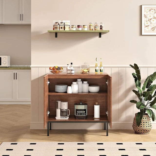 Alt view image 5 of 7 - Storage Cabinet, Modern Coffee Bar with Adjustable Shelf and Metal Base, 32 Inch Wood Multifunctional Console Table for Kitchen, Living Room, Entryway, Brown