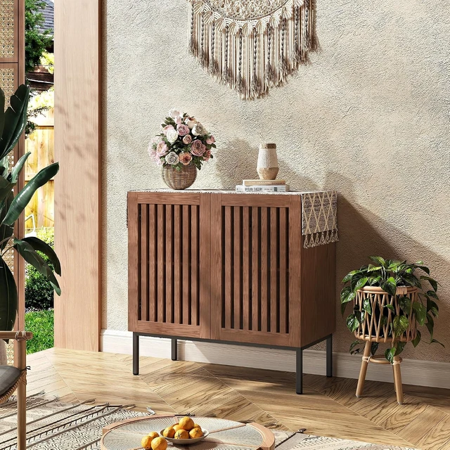Alt view image 4 of 7 - Storage Cabinet, Modern Coffee Bar with Adjustable Shelf and Metal Base, 32 Inch Wood Multifunctional Console Table for Kitchen, Living Room, Entryway, Brown
