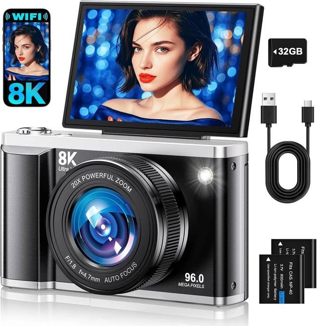 Main image of 8K Digital Camera for Photography with WiFi 96MP Autofocus Vlogging Camera for YouTube Video 3.5'' 180°Flip Screen 20X Zoom Anti-Shake Compact Point and Shoot Cameras for Beginner Creator with SD Card