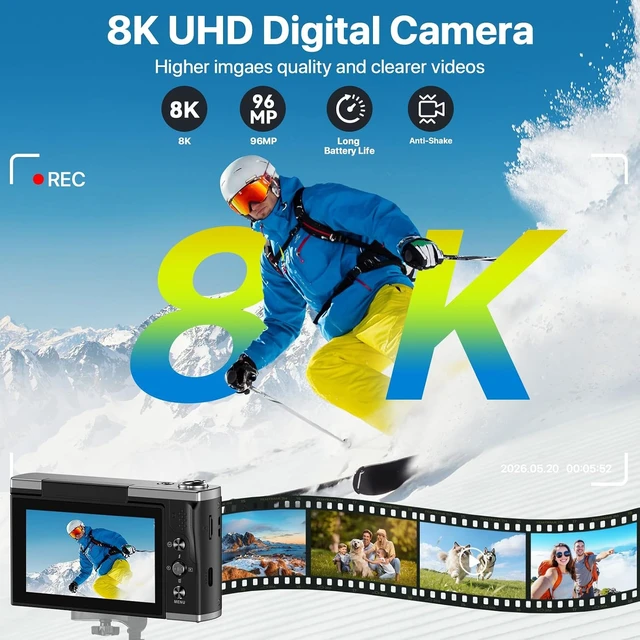 Alt view image 2 of 7 - 8K Digital Camera for Photography with WiFi 96MP Autofocus Vlogging Camera for YouTube Video 3.5'' 180°Flip Screen 20X Zoom Anti-Shake Compact Point and Shoot Cameras for Beginner Creator with SD Card