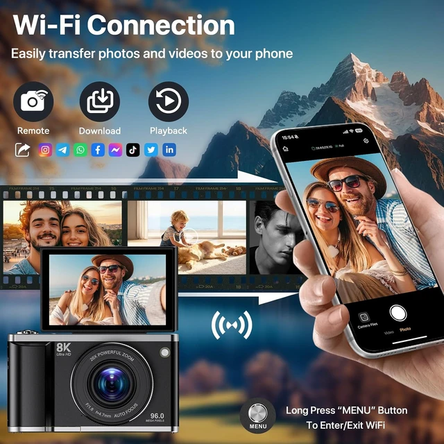 Alt view image 4 of 7 - 8K Digital Camera for Photography with WiFi 96MP Autofocus Vlogging Camera for YouTube Video 3.5'' 180°Flip Screen 20X Zoom Anti-Shake Compact Point and Shoot Cameras for Beginner Creator with SD Card
