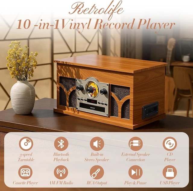 Alt view image 2 of 7 - ® 10-in-1 Record Player with Speakers and Bluetooth-Mahogany