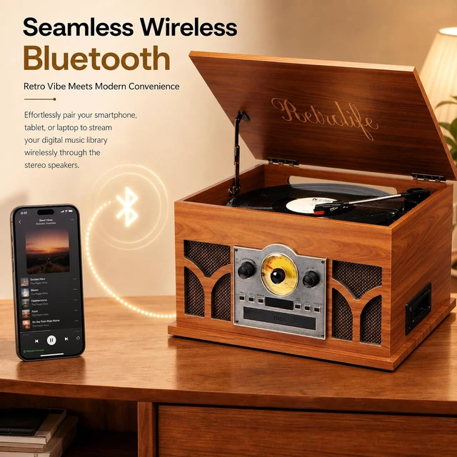 Alt view image 4 of 7 - ® 10-in-1 Record Player with Speakers and Bluetooth-Mahogany