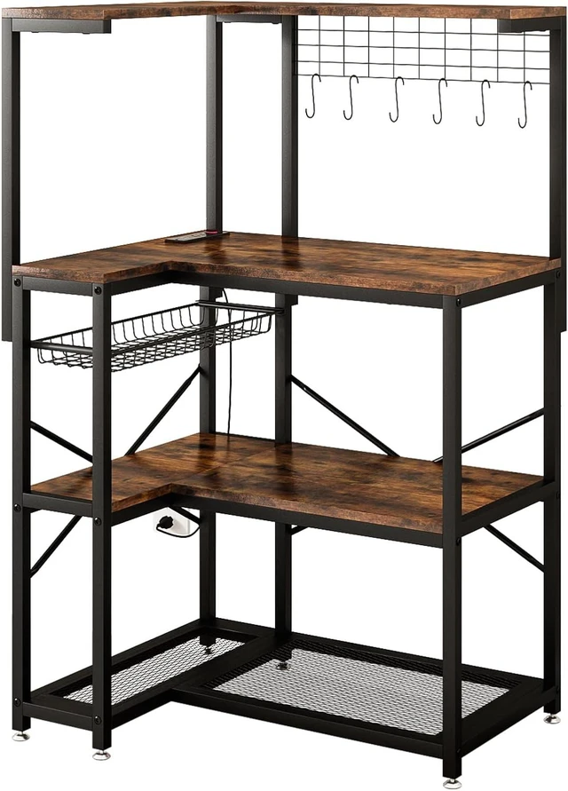 Main image of 4-Tier L-Shaped Baker's Rack with Power Outlet, Corner Coffee Bar, Brown