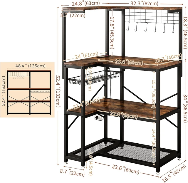 Alt view image 2 of 7 - 4-Tier L-Shaped Baker's Rack with Power Outlet, Corner Coffee Bar, Brown