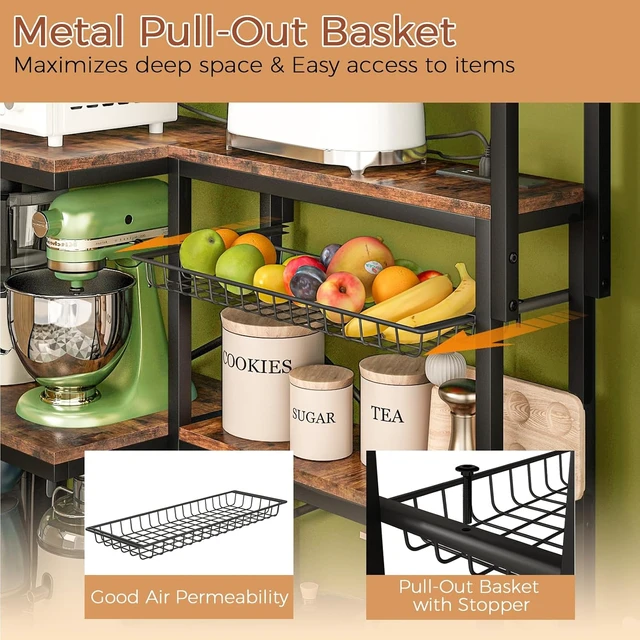 Alt view image 3 of 7 - 4-Tier L-Shaped Baker's Rack with Power Outlet, Corner Coffee Bar, Brown