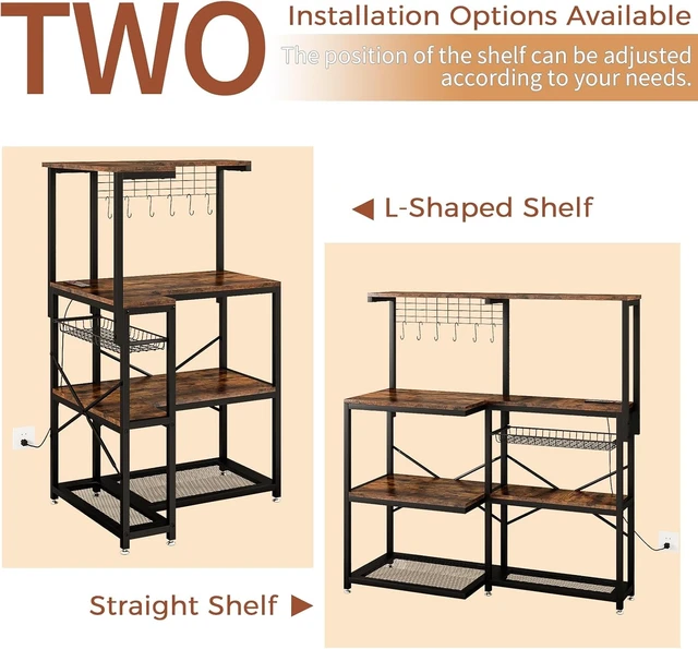 Alt view image 4 of 7 - 4-Tier L-Shaped Baker's Rack with Power Outlet, Corner Coffee Bar, Brown