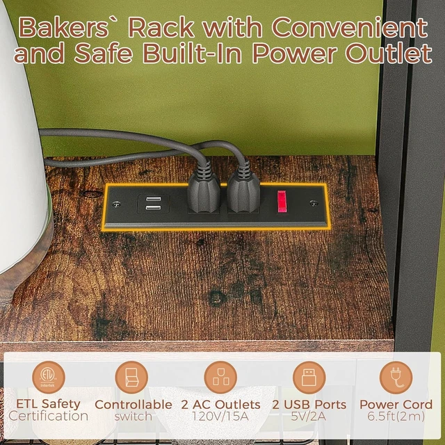 Alt view image 5 of 7 - 4-Tier L-Shaped Baker's Rack with Power Outlet, Corner Coffee Bar, Brown