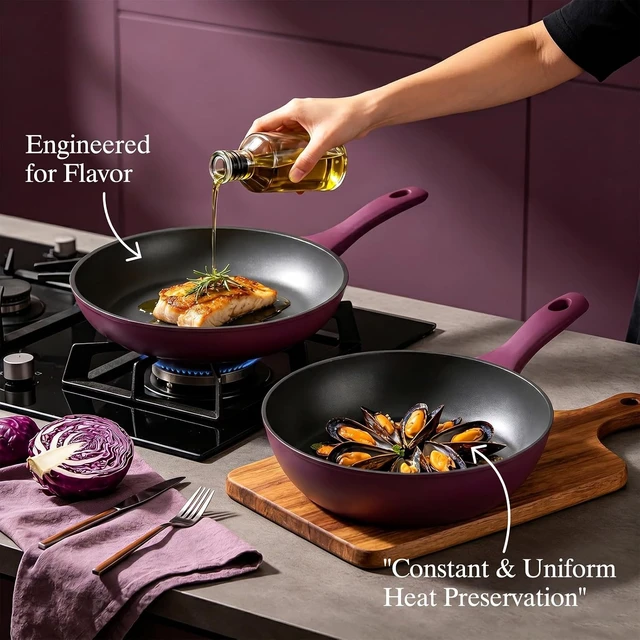 Alt view image 3 of 7 - Pots and Pans Set Nonstick, 31-Piece Induction Cookware & Bakeware Set with Frying Pans, Saucepans, Casserole, Steamer, Baking Set & Utensils, PFAS-Free Kitchen Starter Set (Purple)