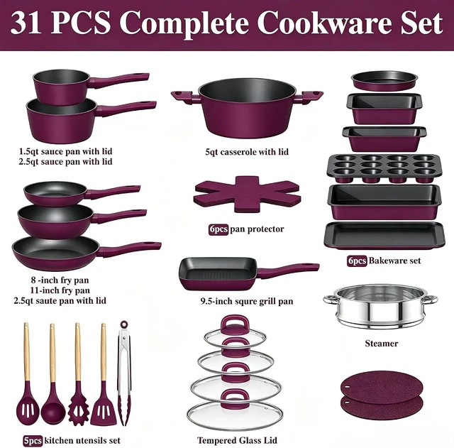 Alt view image 4 of 7 - Pots and Pans Set Nonstick, 31-Piece Induction Cookware & Bakeware Set with Frying Pans, Saucepans, Casserole, Steamer, Baking Set & Utensils, PFAS-Free Kitchen Starter Set (Purple)