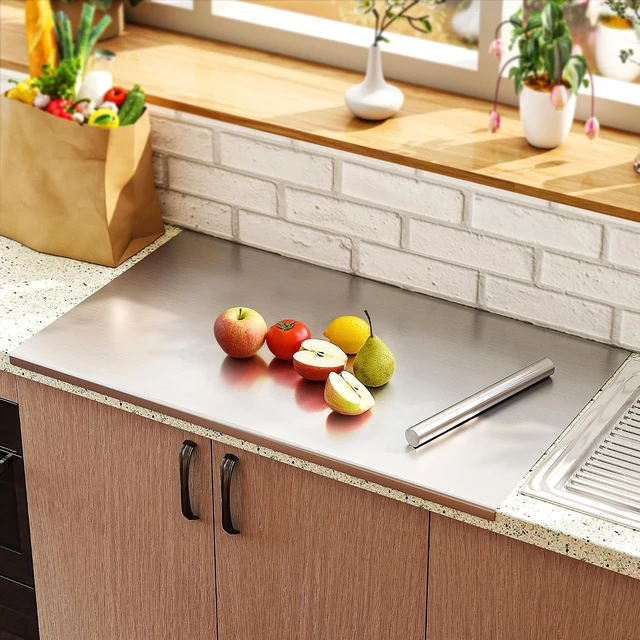 Alt view image 2 of 7 - Large Cutting Board 35.4" L X 22.8" W Stainless Steel Cutting Board with Lip Kneading Board Metal Baking Board Non Stick Board with Rolling Pin for Meat Fruits Vegetables Bread and Baking