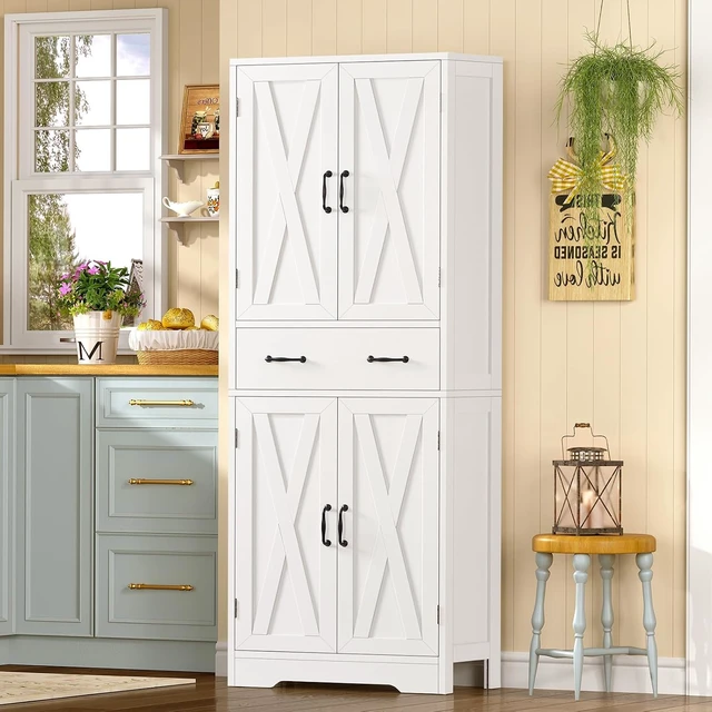 Alt view image 2 of 7 - Storage Cabinet, Pantry Cabinet with 2 Adjustable Shelves & Large Drawer, Kitchen Pantry Cabinet with 4 Doors, Bathroom Storage Cabinets, for Living Room, White