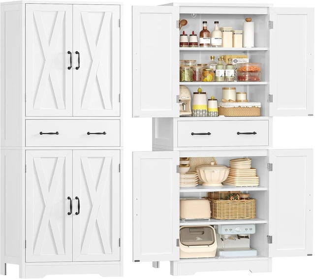 Main image of Storage Cabinet, Pantry Cabinet with 2 Adjustable Shelves & Large Drawer, Kitchen Pantry Cabinet with 4 Doors, Bathroom Storage Cabinets, for Living Room, White