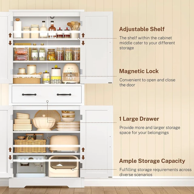 Alt view image 4 of 7 - Storage Cabinet, Pantry Cabinet with 2 Adjustable Shelves & Large Drawer, Kitchen Pantry Cabinet with 4 Doors, Bathroom Storage Cabinets, for Living Room, White
