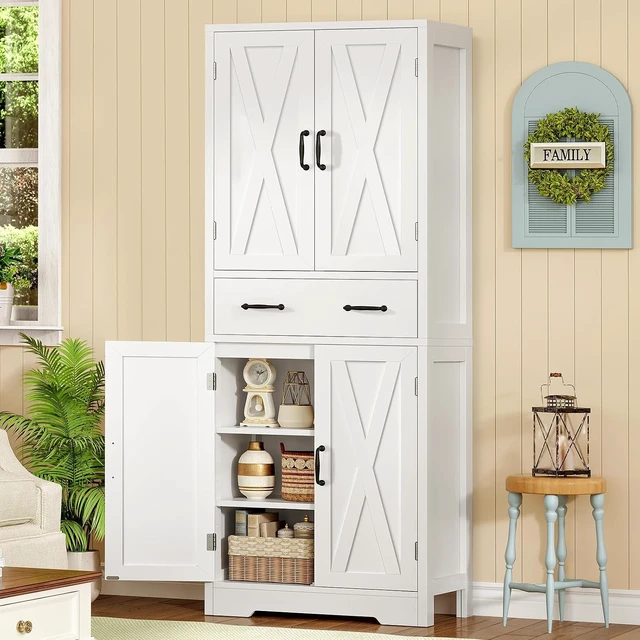 Alt view image 5 of 7 - Storage Cabinet, Pantry Cabinet with 2 Adjustable Shelves & Large Drawer, Kitchen Pantry Cabinet with 4 Doors, Bathroom Storage Cabinets, for Living Room, White
