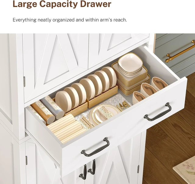 Alt view image 6 of 7 - Storage Cabinet, Pantry Cabinet with 2 Adjustable Shelves & Large Drawer, Kitchen Pantry Cabinet with 4 Doors, Bathroom Storage Cabinets, for Living Room, White
