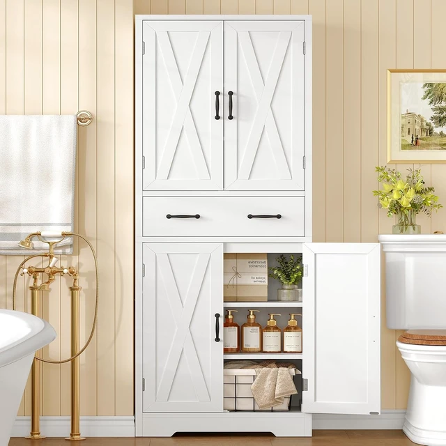 Alt view image 7 of 7 - Storage Cabinet, Pantry Cabinet with 2 Adjustable Shelves & Large Drawer, Kitchen Pantry Cabinet with 4 Doors, Bathroom Storage Cabinets, for Living Room, White