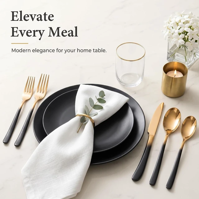 Alt view image 3 of 7 - Silverware Set for 4 Black Gold 20 Piece Fancy Flatware Set Stainless Steel