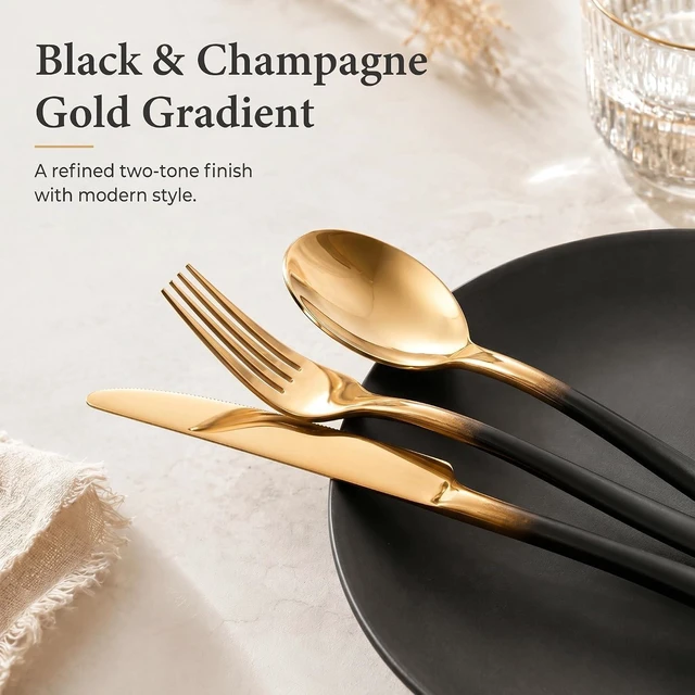 Alt view image 4 of 7 - Silverware Set for 4 Black Gold 20 Piece Fancy Flatware Set Stainless Steel