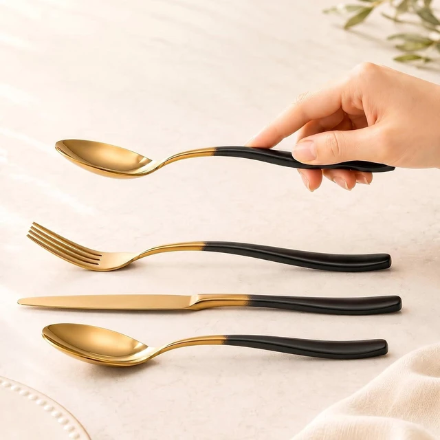 Alt view image 5 of 7 - Silverware Set for 4 Black Gold 20 Piece Fancy Flatware Set Stainless Steel