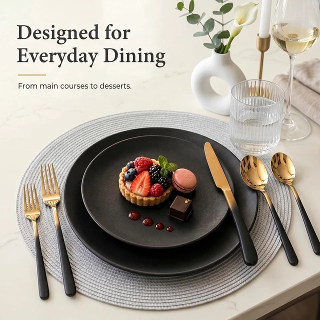 Alt view image 6 of 7 - Silverware Set for 4 Black Gold 20 Piece Fancy Flatware Set Stainless Steel