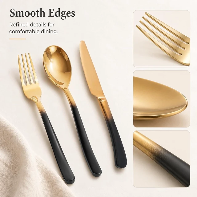 Alt view image 7 of 7 - Silverware Set for 4 Black Gold 20 Piece Fancy Flatware Set Stainless Steel