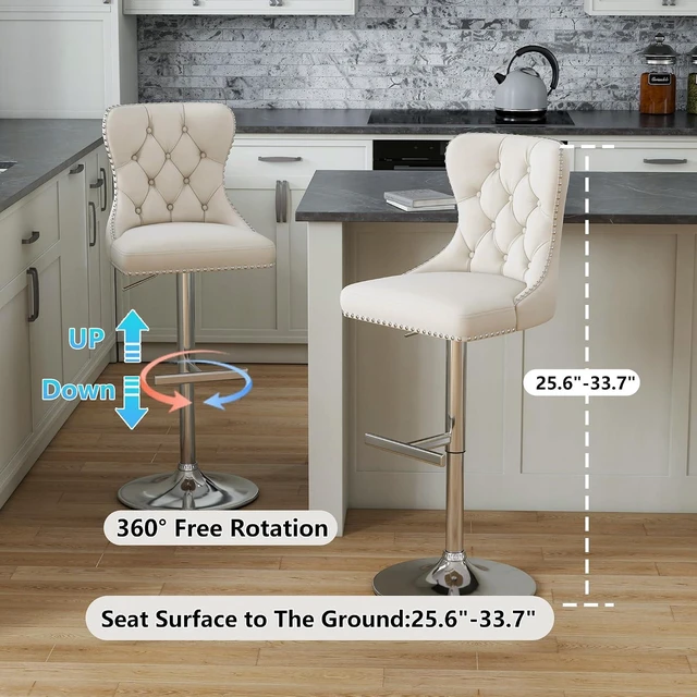 Alt view image 3 of 7 - Swivel Bar Stools Set of 2, Velvet Height Adjustable Counter Chairs,Beige
