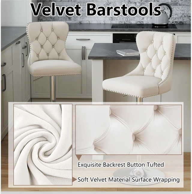 Alt view image 4 of 7 - Swivel Bar Stools Set of 2, Velvet Height Adjustable Counter Chairs,Beige