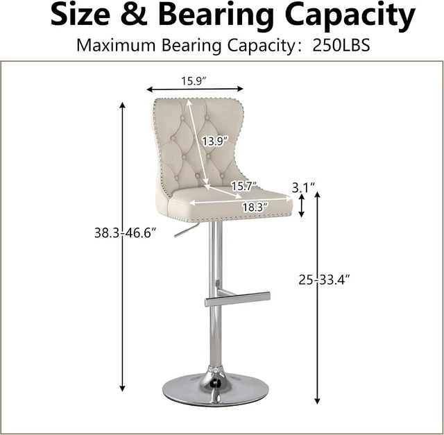 Alt view image 6 of 7 - Swivel Bar Stools Set of 2, Velvet Height Adjustable Counter Chairs,Beige