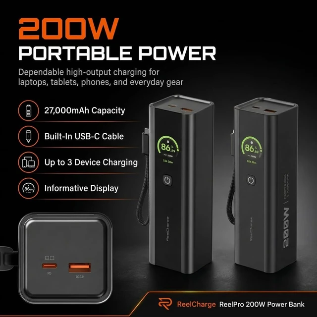 Alt view image 2 of 6 - ReelPro Portable Charger Power Bank 27000mAh, 200W Built In Cable