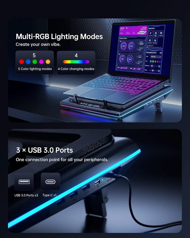 Alt view image 7 of 7 - V12 Ultra Laptop Cooling Pad with Smart Software Control Laptop Fan