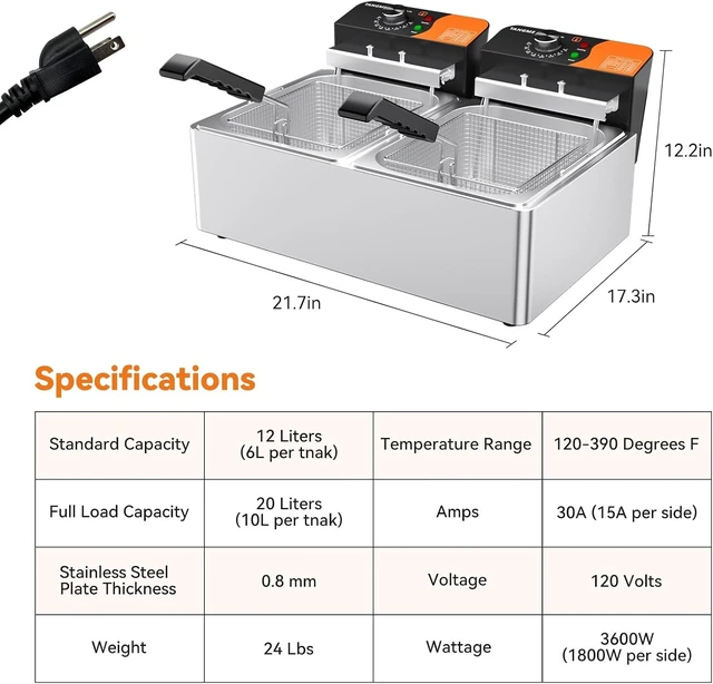 Alt view image 3 of 7 - Commercial Deep Fryer, 3400W Electric Countertop Fryer with Baskets