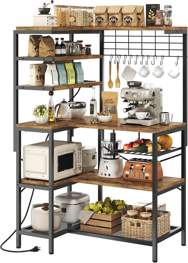 Main image of L-Shaped Bakers Rack with Power Outlet, 6-Tier Microwave Stand with Storage