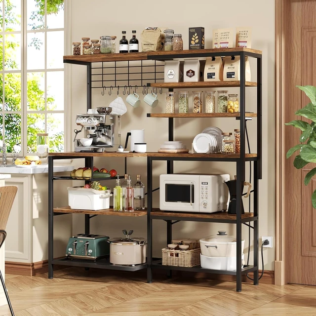 Alt view image 2 of 7 - L-Shaped Bakers Rack with Power Outlet, 6-Tier Microwave Stand with Storage