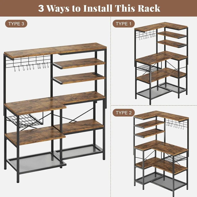 Alt view image 4 of 7 - L-Shaped Bakers Rack with Power Outlet, 6-Tier Microwave Stand with Storage
