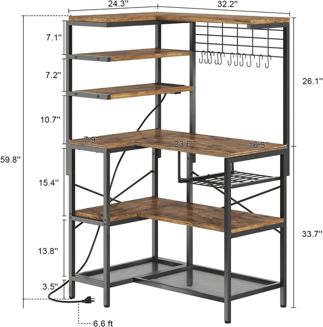 Alt view image 3 of 7 - L-Shaped Bakers Rack with Power Outlet, 6-Tier Microwave Stand with Storage