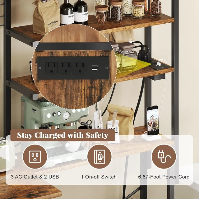 Alt view image 7 of 7 - L-Shaped Bakers Rack with Power Outlet, 6-Tier Microwave Stand with Storage