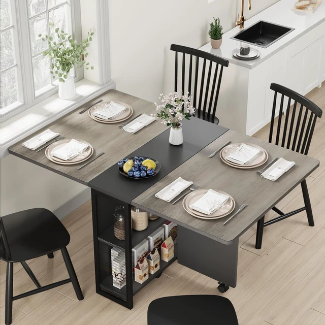 Main image of FoldingTable, Drop Leaf Dining Table with 6 Wheels and 2-Layer Storage Shelf, Space Saving Table for Small Spaces (Slate Oak, 50.1" D x 31.4" W x 29.5" H)