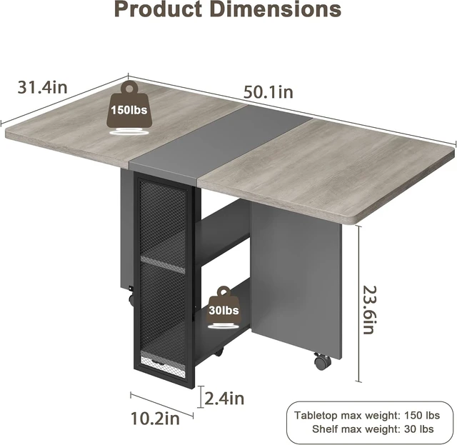 Alt view image 2 of 7 - FoldingTable, Drop Leaf Dining Table with 6 Wheels and 2-Layer Storage Shelf, Space Saving Table for Small Spaces (Slate Oak, 50.1" D x 31.4" W x 29.5" H)