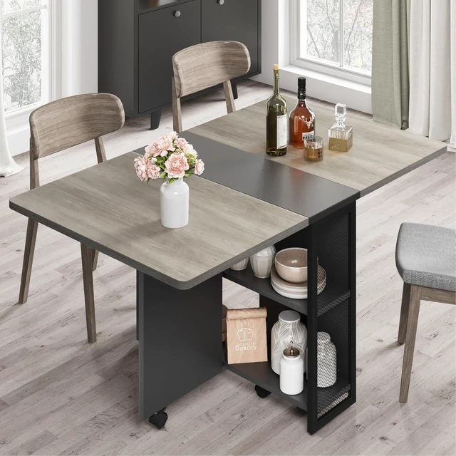 Alt view image 3 of 7 - FoldingTable, Drop Leaf Dining Table with 6 Wheels and 2-Layer Storage Shelf, Space Saving Table for Small Spaces (Slate Oak, 50.1" D x 31.4" W x 29.5" H)