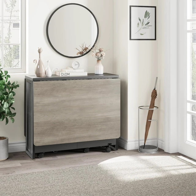 Alt view image 5 of 7 - FoldingTable, Drop Leaf Dining Table with 6 Wheels and 2-Layer Storage Shelf, Space Saving Table for Small Spaces (Slate Oak, 50.1" D x 31.4" W x 29.5" H)