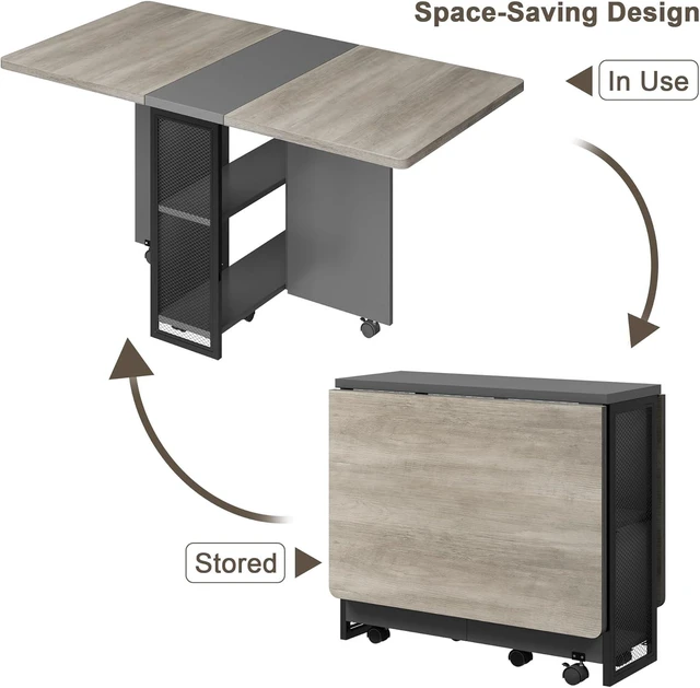 Alt view image 6 of 7 - FoldingTable, Drop Leaf Dining Table with 6 Wheels and 2-Layer Storage Shelf, Space Saving Table for Small Spaces (Slate Oak, 50.1" D x 31.4" W x 29.5" H)