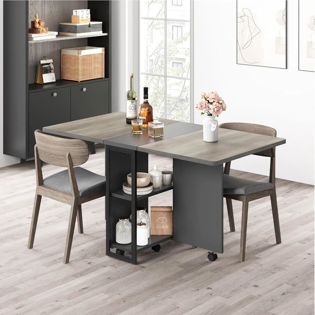 Alt view image 4 of 7 - FoldingTable, Drop Leaf Dining Table with 6 Wheels and 2-Layer Storage Shelf, Space Saving Table for Small Spaces (Slate Oak, 50.1" D x 31.4" W x 29.5" H)