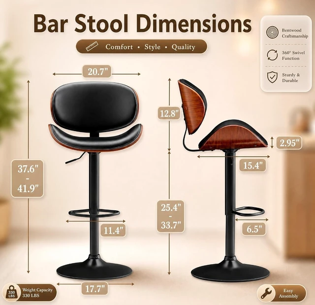 Alt view image 2 of 7 - Swivel Bar Stools Set of 2, Counter Height Bar Chairs w/PU Leather Back, Adjustable Height & Footrest, Modern Upholstered Barstools for Kitchen Island Dining Room Bar, Black