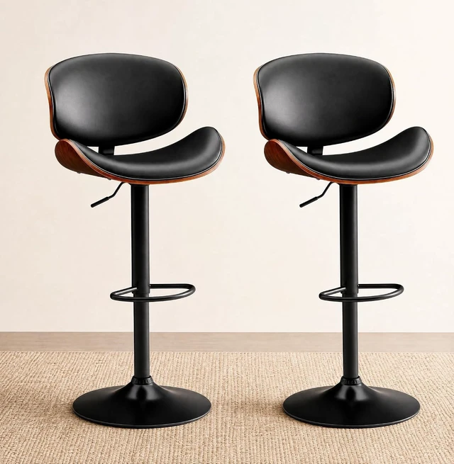 Alt view image 3 of 7 - Swivel Bar Stools Set of 2, Counter Height Bar Chairs w/PU Leather Back, Adjustable Height & Footrest, Modern Upholstered Barstools for Kitchen Island Dining Room Bar, Black